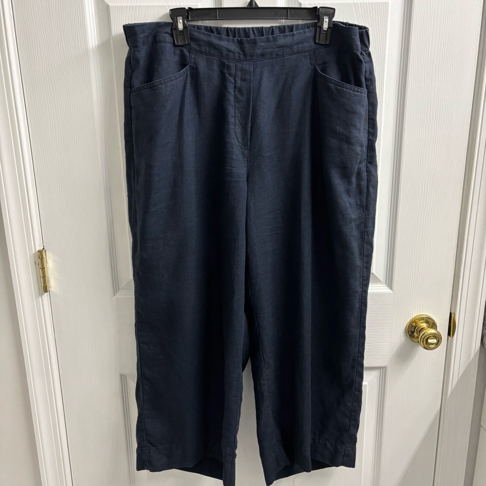 J. Jill Love Linen Wide Leg Pants Navy Blue XL Pull On Elastic Waist Minimalist